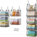 5 Tier Closet Hanging Organizer, Clothes Hanging Shelves with 4 Hanging Hooks 5 S Hooks, Wire Storage Basket Bins, for Clothing Sweaters Shoes Handbags Clutches Accessories Patent Design