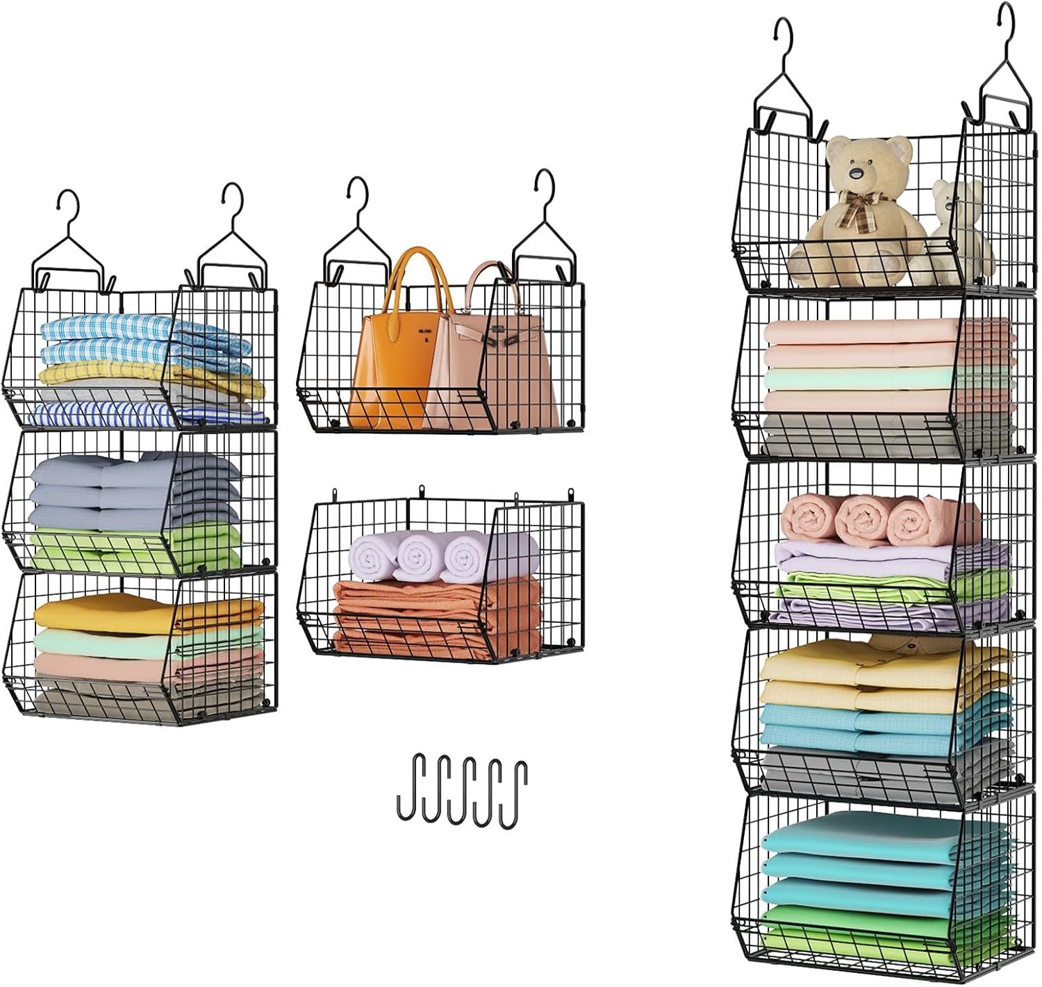 5 Tier Closet Hanging Organizer, Clothes Hanging Shelves with 4 Hanging Hooks 5 S Hooks, Wire Storage Basket Bins, for Clothing Sweaters Shoes Handbags Clutches Accessories Patent Design 5 Tier Closet Hanging Organizer, Clothes Hanging Shelves with 4 Hanging Hooks 5 S Hooks, Wire Storage Basket Bins, for Clothing Sweaters Shoes Handbags Clutches Accessories Patent Design