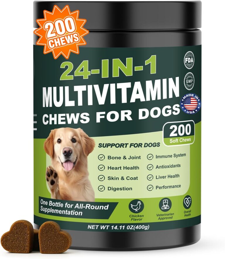 24-in-1 Dog Vitamins and Supplements 200 Ct Multivitamin for Dogs Chewable Contain Glucosamine Chondroitin Probiotics Omega-3 for Skin Coat,Hip & Joint,Heart,Liver,Brain,Eyes - Chicken Flavor