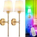Depuley Battery Operated Wall Sconce: Set of 2 Wireless Wall Lights with Remote for Bedroom - Rechargeable 15 Colors Gold Wall Lamp for Living Room Hallway