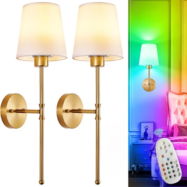 Depuley Battery Operated Wall Sconce: Set of 2 Wireless Wall Lights with Remote for Bedroom - Rechargeable 15 Colors Gold Wall Lamp for Living Room Hallway