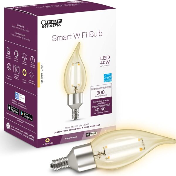 Feit Electric CFC40/927CA/FIL/AG 40 Watt Equivalent WiFi Dimmable, No Hub Required, Alexa or Google Assistant, Flame Tip Filament Chandelier LED Smart Light Bulb, 4.3" H x 1.4" D, 2700K Soft White
