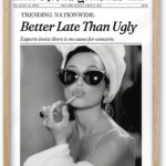 iHery Natural OAK Wood Audrey Hepburn Newspaper Trendy Framed Wall Art, 12x16 in Vintage Headline Canvas Bedroom Wall Decor, Better Late Than Ugly,Bathroom Artwork Apartment Girly Dorm Room 1Pack