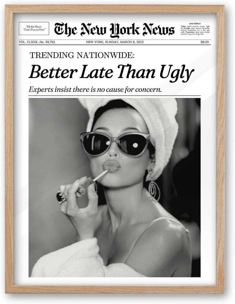 iHery Natural OAK Wood Audrey Hepburn Newspaper Trendy Framed Wall Art, 12x16 in Vintage Headline Canvas Bedroom Wall Decor, Better Late Than Ugly,Bathroom Artwork Apartment Girly Dorm Room 1Pack