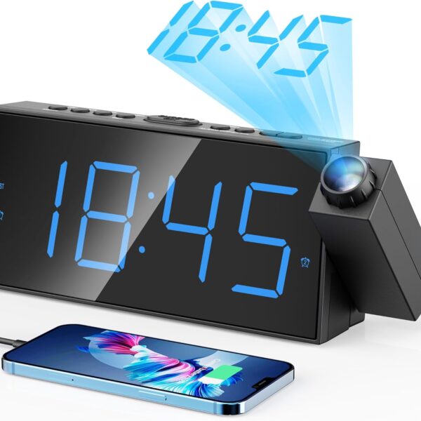 Digital Projection Alarm Clocks for Bedrooms - Large LED Display, 180 Rotatable Projector, 5-Level Dimmer,USB Charger,Battery Backup,Loud Dual Alarms for Kids Elderly,Heavy Sleepers,Snooze,12/24H,DST
