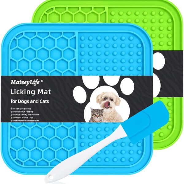 MateeyLife 2PCS Small Lick Mat for Dogs and Cats, Licking Mats for Dog Anxiety Relief, Cat Peanut Butter Lick Pad for Boredom Reducer, Dog Treat Mat Perfect for Bathing Grooming Blue&Green