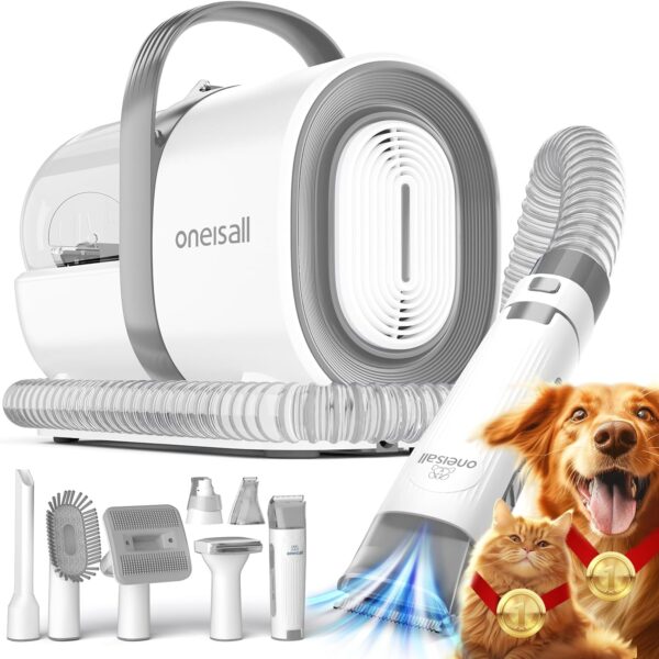 oneisall Dog Grooming Vacuum, Pet Grooming Vacuum with Clipper Nail Grinder, 1.5L Dust Cup Dog deshedding Vacuum Brush with 7 Tools for Shedding Pet Hair, Home CleaningGrey