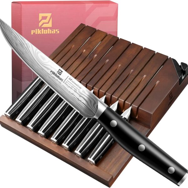 Steak Knives Set of 8 with Drawer Organizer Built-in Sharpener, 4.6 Inch Non Serrated Dinner Knife, Forged German Steel Damascus Pattern Straight Edge Meat Knife with Full Tang Handle, Black