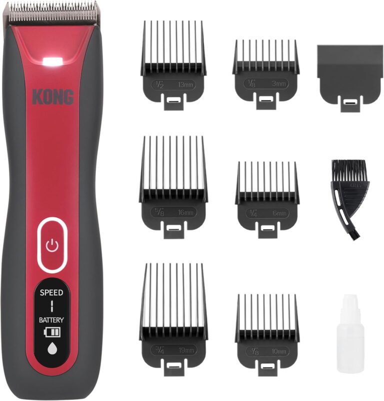 KONG 3-Speed Cordless-Corded Dog Clipper Kit  Stainless Steel Blade, Waterproof, LED Spotlight, Use-While-Charging, 6 Guide Combs, Ergonomic Handle  Red/Gray, All Coat Types