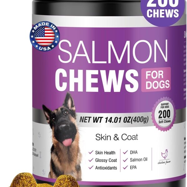 Omega 3 Skin and Coat Supplement for Dogs 200 Chews Dog Fish Oil Supplements with EPA & DHA Fatty Acids Dry Skin Relief for Dogs Shedding Allergy Itching Promotes Heart Hip Joint Health Chicken Flavor