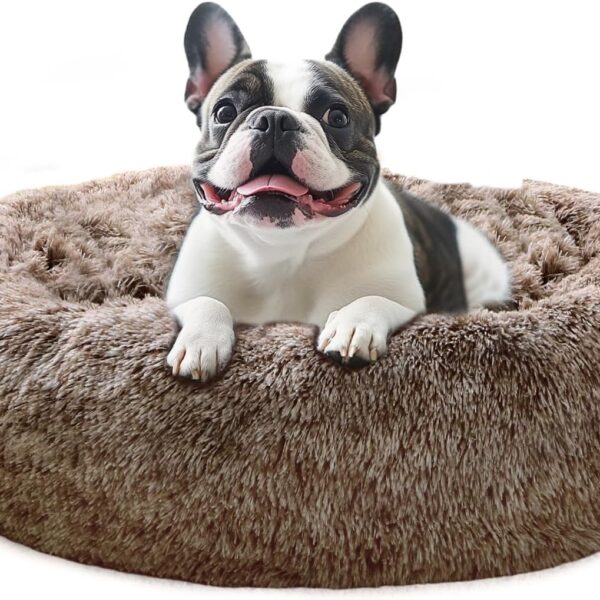 JOLLYVOGUE Calming Dog Bed Large Size Dog, Anti-Anxiety Donut Large Pet Bed, 36 inches Fluffy Faux Fur Round Cat Bed, Fits up to 75 lbs Pets (Smoke Brown)
