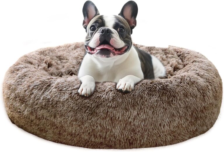 JOLLYVOGUE Calming Dog Bed Large Size Dog, Anti-Anxiety Donut Large Pet Bed, 36 inches Fluffy Faux Fur Round Cat Bed, Fits up to 75 lbs Pets (Smoke Brown)