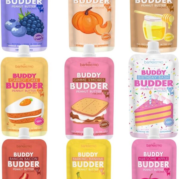 BUDDY BUDDER Dog Peanut Butter, 9 Pack Mixed Flavors, 4oz Pouches Dog Peanut Butter, Made in USA