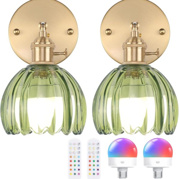 Vintage Battery Operated Wall Sconce with Cute Green Tulip Glass Lampshade Wireless Rechargeable Battery Powered Wall Light with Remote Control for Bedside Bedroom Doorway, Set of 2