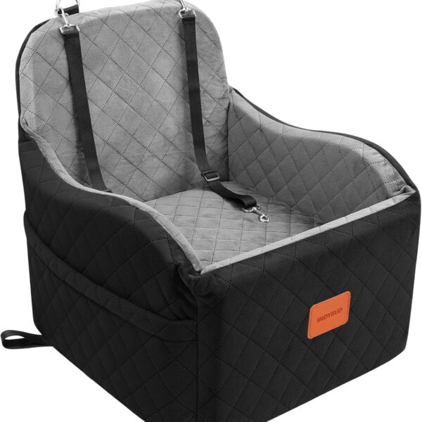 Dog Car Seat for Small & Medium Dogs, Detachable & Washable Booster Seat for Pets Up to 35lbs, Pet Travel Bed with Storage Pockets and Safety Belt (Black/Grey, Medium)