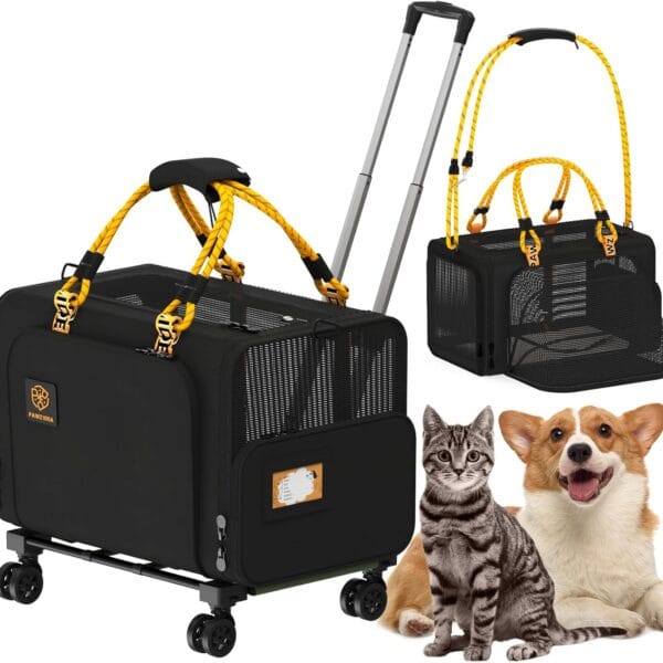 PAWZIDEA Expandable Large Pet Carrier with Wheels, 24x16x16 in Rolling Cat Carrier for 24 Cats up 55lb, Soft-Sided Collapsible Small Medium Dog Crate for Car Travel, Telescopic Handle, Storage Pocket