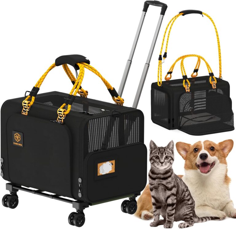 PAWZIDEA Expandable Large Pet Carrier with Wheels, 24x16x16 in Rolling Cat Carrier for 24 Cats up 55lb, Soft-Sided Collapsible Small Medium Dog Crate for Car Travel, Telescopic Handle, Storage Pocket