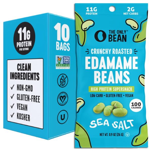 The Only Bean Crunchy Dry Roasted Edamame Snacks (Sea Salt), Healthy High Protein(11g) Keto Food, Low Carb Gluten Free Office Vegan Food 100 Calorie Snack Pack, 0.9oz 10 Pack