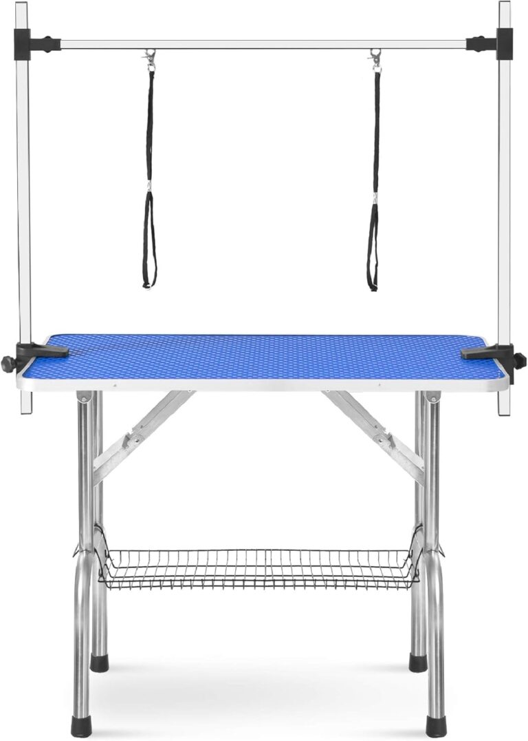 LZ LEISURE ZONE Dog Grooming Table, Adjustable Height Trimming Grooming Table Foldable Drying Table Portable Non-Slip Rubber Table with Mesh Tray, Blue