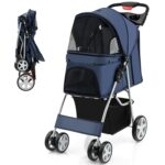 Giantex Folding Dog Stroller for Small Medium Dogs Cats Puppy, 4 Lockable Wheels Cat Stroller Pet Travel Carrier Strolling Cart, Safety Belt, Removable Liner and Storage Basket (Navy)