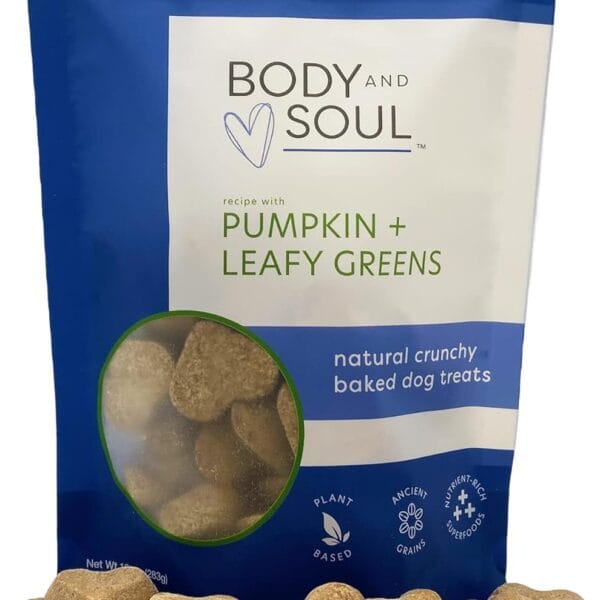 Body and Soul Pumpkin + Leafy Greens Crunchy Dog Treats  Superfood Biscuits Baked with Oats, Barley & Quinoa  All-Natural Plant Based Clean Protein, No Additives or Fillers  Made in USA, 10oz