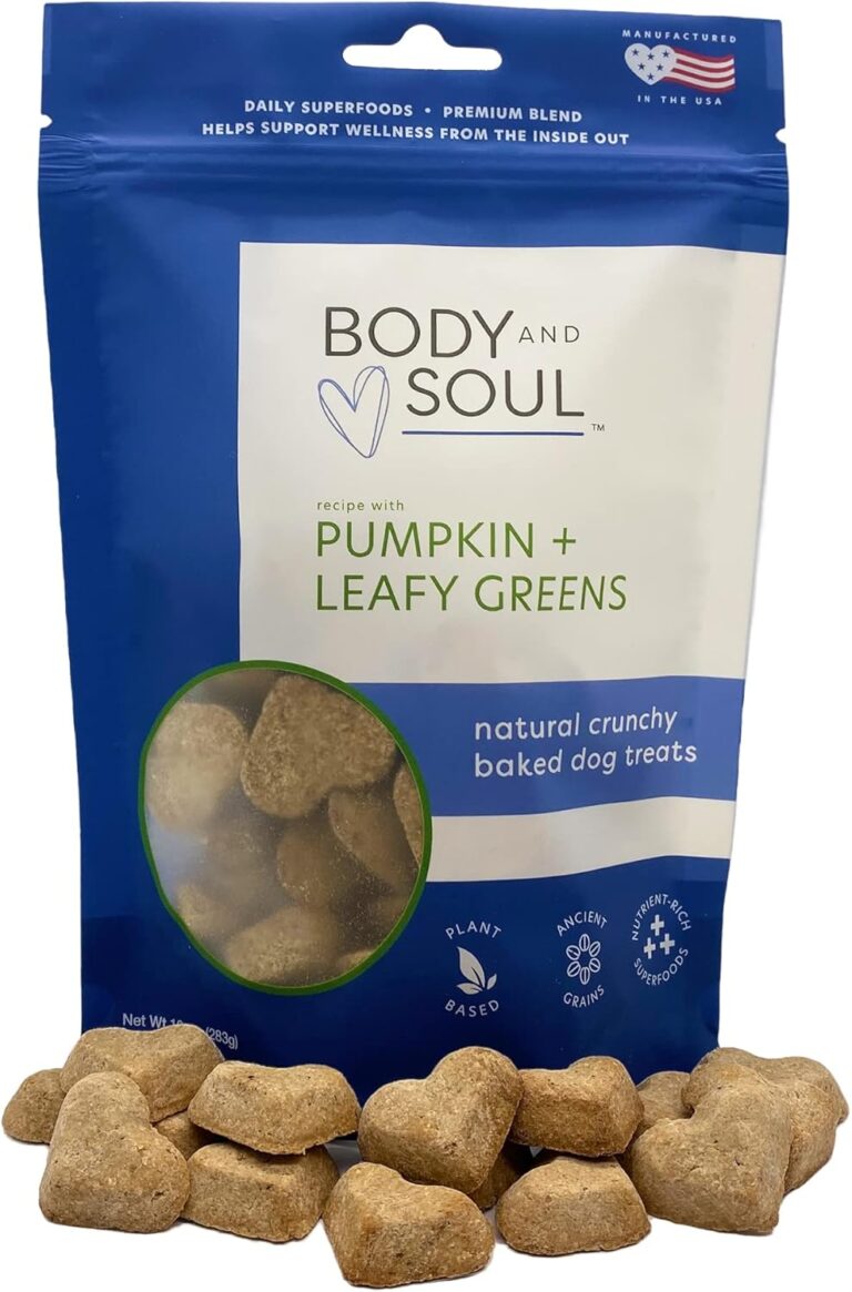 Body and Soul Pumpkin + Leafy Greens Crunchy Dog Treats  Superfood Biscuits Baked with Oats, Barley & Quinoa  All-Natural Plant Based Clean Protein, No Additives or Fillers  Made in USA, 10oz