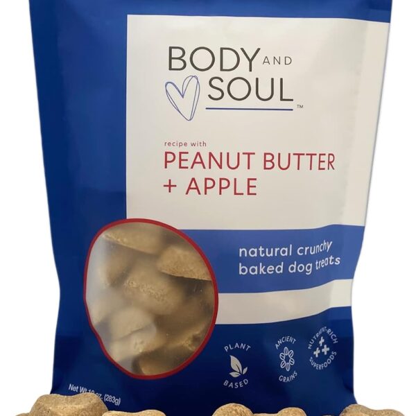 Body and Soul Peanut Butter + Apple Crunchy Dog Treats  Superfood Biscuits Baked with Oats, Barley & Quinoa  All-Natural Plant Based Clean Protein, No Additives or Fillers  Made in USA, 10oz