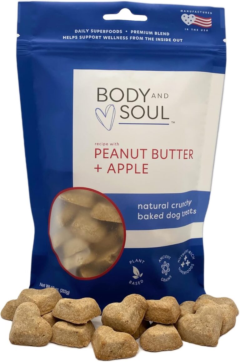 Body and Soul Peanut Butter + Apple Crunchy Dog Treats  Superfood Biscuits Baked with Oats, Barley & Quinoa  All-Natural Plant Based Clean Protein, No Additives or Fillers  Made in USA, 10oz