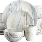Elama Fine Marble 16 Piece Porcelain Dinnerware Set, Tableware Set, Everyday Dining, Service for 4 (Blue/Gray)