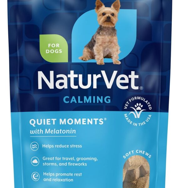 NaturVet Quiet Moments Calming Dog Supplement, Dog Soft Chews with Melatonin to Help Reduce Stress from Storms, The Vet, Fireworks, and Travel, Bacon and Chicken Flavored Pet Supplement, 65 Count