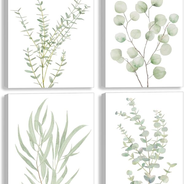 Erctoo Botanical Plant Canvas Wall Art, Framed Boho Wall Decor for Bathroom, Minimalist Aesthetic Bedroom Wall Art, Sage Green Eucalyptus Leaf Prints for Office, Set of 4PCS, 8X10