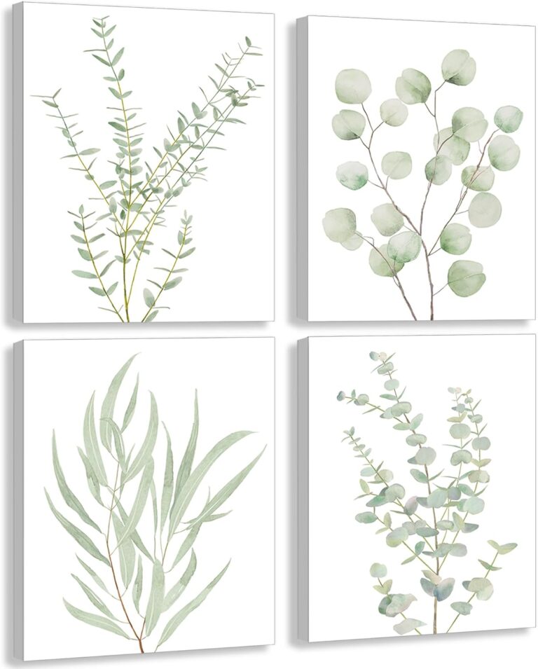 Erctoo Botanical Plant Canvas Wall Art, Framed Boho Wall Decor for Bathroom, Minimalist Aesthetic Bedroom Wall Art, Sage Green Eucalyptus Leaf Prints for Office, Set of 4PCS, 8X10