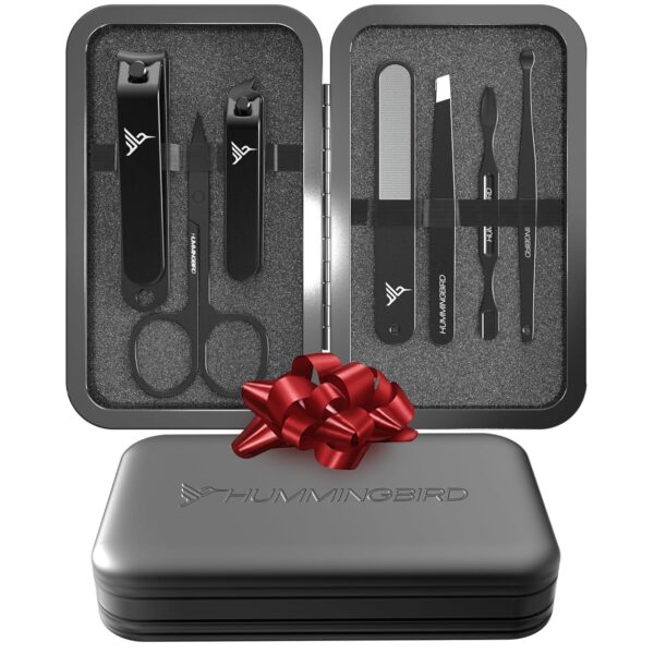 HUMMINGBIRD Manicure Kit for Men, 7 Piece Stainless Steel Mens Nail Grooming Kit with Travel Case, Includes Mens Nail Clippers Set, Nail File, Slant Tip Tweezers, Cuticle Scissors, Nail Care Tools