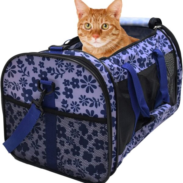 Soft-Sided Kennel Pet Carrier for Small Dogs, Cats, Puppy, Airline Approved Cat Carriers Dog Carrier Collapsible, Travel Handbag & Car Seat (Large: 19" x 11" x 11", Floral Print Blue)