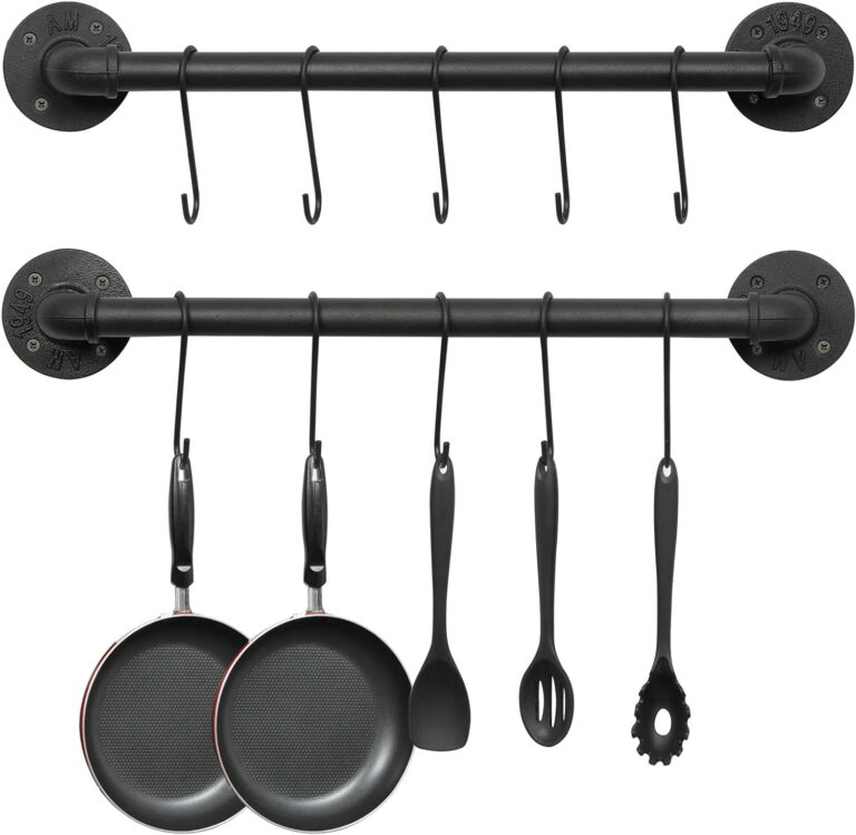 OROPY Wall Mounted Pot Pan Rack 21'' Set of 2, Industrial Utensils Wall Hanger Iron Pipe Kitchen Hanging Rail with 10 S Hooks
