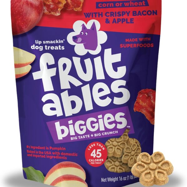 Fruitables Biggies Dog Biscuits, Healthy Treats for Dogs, Doggie Biscuits, Crunchy Pumpkin Treats, Free of Wheat, Corn and Soy, Made in The USA, Crispy Bacon & Apple Flavor, 16oz