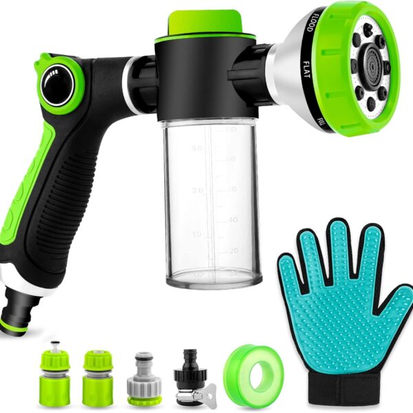 Upgraded Dog Wash Hose Attachment, 8-in-1 Sprayer Mode Garden Hose Nozzle with Pet Grooming Glove and 100cc Soap Dispenser Bottle, Adopted in Watering Flowers, Car Wash, Dog and Horse Showering