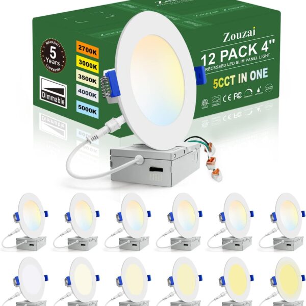 zouzai 12 Pack 4 Inch 5CCT Ultra-Thin LED Recessed Ceiling Light with Junction Box, 2700K/3000K/3500K/4000K/5000K Selectable, 9W Eqv 80W, Dimmable, led can Lights - ETL and Energy Star Certified