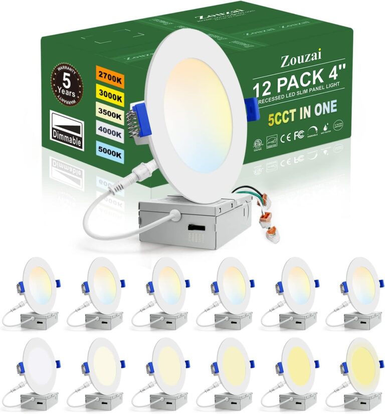 zouzai 12 Pack 4 Inch 5CCT Ultra-Thin LED Recessed Ceiling Light with Junction Box, 2700K/3000K/3500K/4000K/5000K Selectable, 9W Eqv 80W, Dimmable, led can Lights - ETL and Energy Star Certified