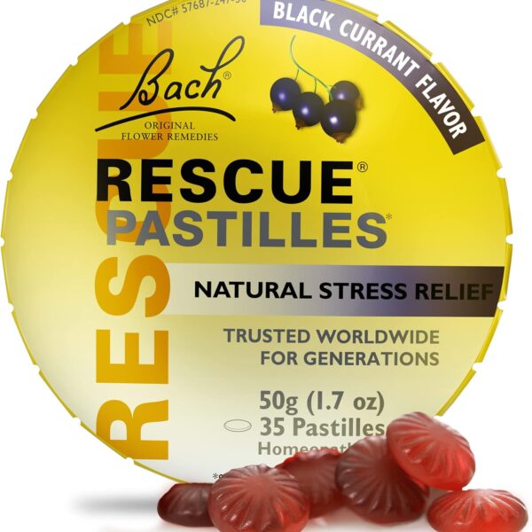 Bach RESCUE PASTILLES, Black Currant Flavor, Natural Stress Relief Lozenges, Homeopathic Flower Essence, Vegetarian, Gluten And Sugar-Free, 35 Count