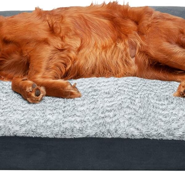 Furhaven Memory Foam Dog Bed for Large Dogs w/ Removable Bolsters & Washable Cover, For Dogs Up to 95 lbs - Two-Tone Plush Faux Fur & Suede L Shaped Chaise - Stone Gray, Jumbo/XL