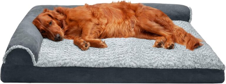 Furhaven Memory Foam Dog Bed for Large Dogs w/ Removable Bolsters & Washable Cover, For Dogs Up to 95 lbs - Two-Tone Plush Faux Fur & Suede L Shaped Chaise - Stone Gray, Jumbo/XL