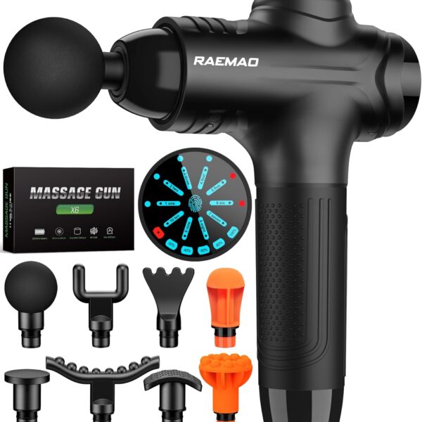 RAEMAO Massage Gun, Handheld Electric Deep Tissue Muscle Massager for Athletes for Pain Relief Attaching 8 Replacement Heads, Percussion Massager with 10 Speeds, Father's Day Gifts, Black