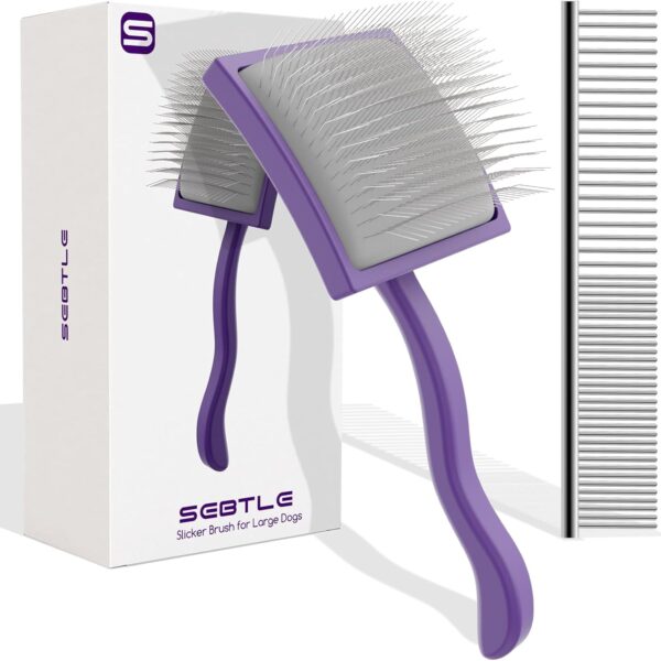 Slicker Brush for Long Haired Dog, Long Bristle Dog Brush, Professional Grooming Tool for Poodle, Goldendoodles, Labradoodles, Easy to Remove Loose Fur, Tangles, Mats, Fluff, Purple