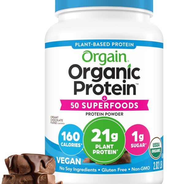 Orgain Organic Vegan Protein + 50 Superfoods Powder, Creamy Chocolate Fudge - 21g Plant Based Protein, 9g Prebiotic Fiber, No Lactose, Gluten Free, No Added Sugar, 2.02 lb (Packaging May Vary)