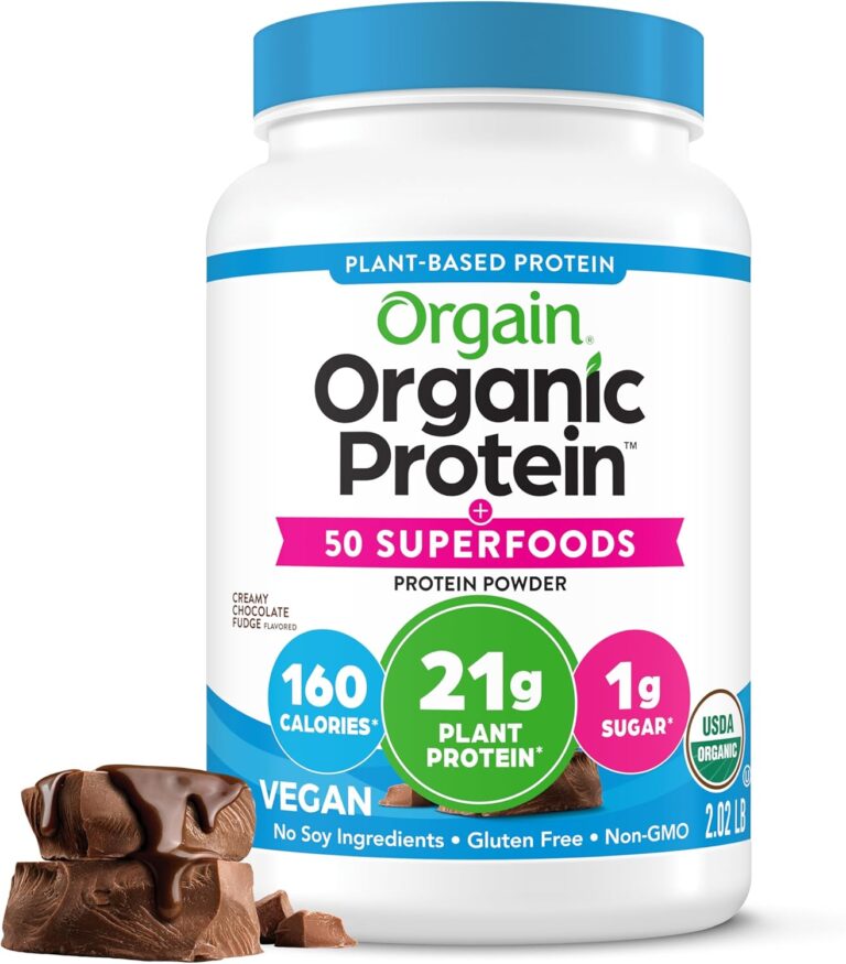 Orgain Organic Vegan Protein + 50 Superfoods Powder, Creamy Chocolate Fudge - 21g Plant Based Protein, 9g Prebiotic Fiber, No Lactose, Gluten Free, No Added Sugar, 2.02 lb (Packaging May Vary)