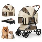 4 Wheels Pet Stroller for Small/Medium Dogs and Cats with Detachable Carrier and Storage Basket,One Click Folding, Compact Portable,3 in1 Multifunctional (Khaki)