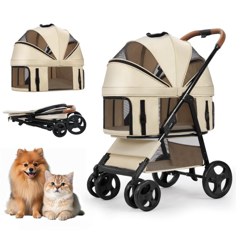 4 Wheels Pet Stroller for Small/Medium Dogs and Cats with Detachable Carrier and Storage Basket,One Click Folding, Compact Portable,3 in1 Multifunctional (Khaki)
