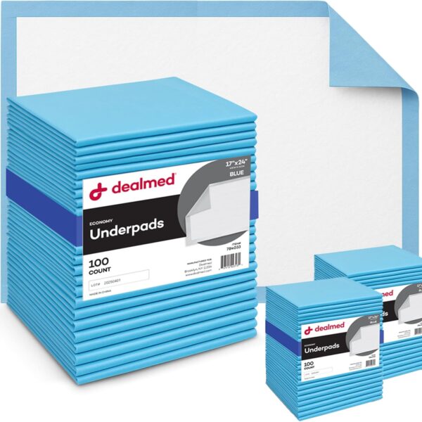 Dealmed Economy Absorbency Medical Underpads (100 Pads) Disposable 2-Ply Tissue Fill, 24" x 17", Blue, Perfect for Pet Pads, Furniture Protection, Liquid Accident and More, 100 Ct. (1 Pack)