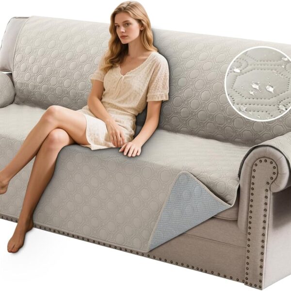 PrinceDeco 100% Waterproof Sofa Covers Couch Cover Sofa Cover for Dogs Couch Protector Triple Non-Slip Sofa Slipcover for 3 Cushion Couch Furniture Protector Pet Dog Friendly (Sofa 68'',French Oak)